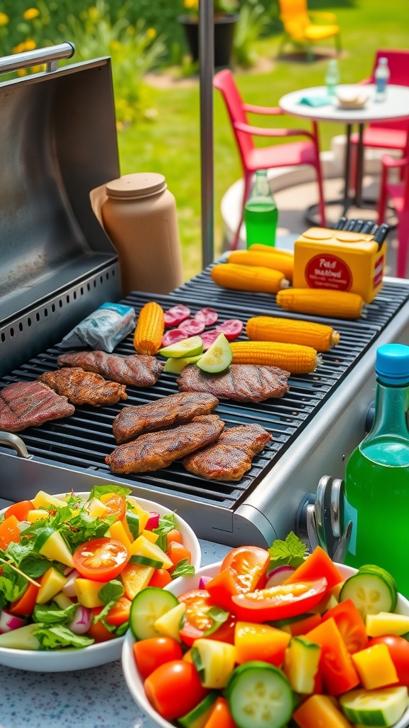 A backyard barbecue scene with grilled meats, corn, and fresh salad on a sunny day.